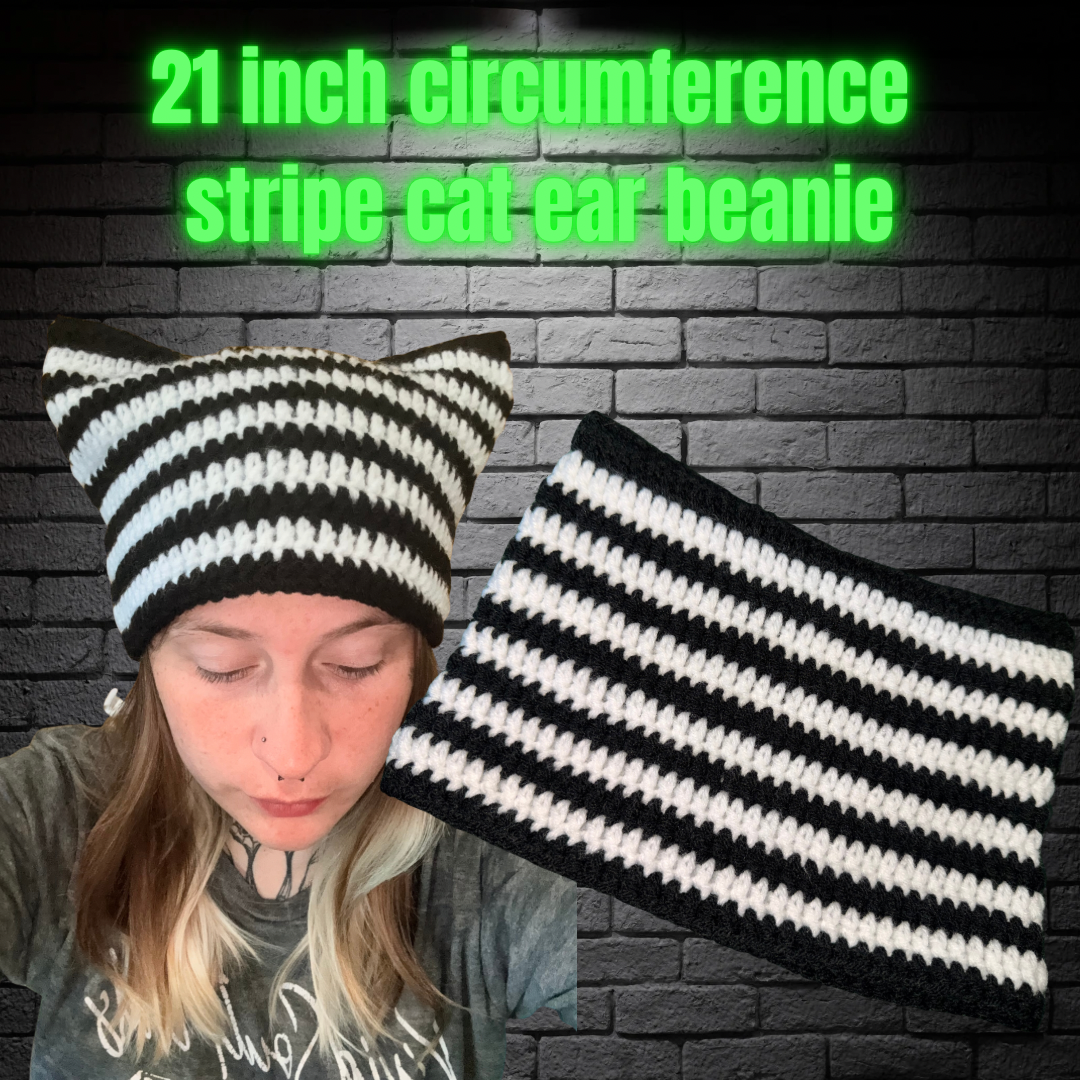 Striped Cat Ear Beanie 21in Circumference READY TO SHIP