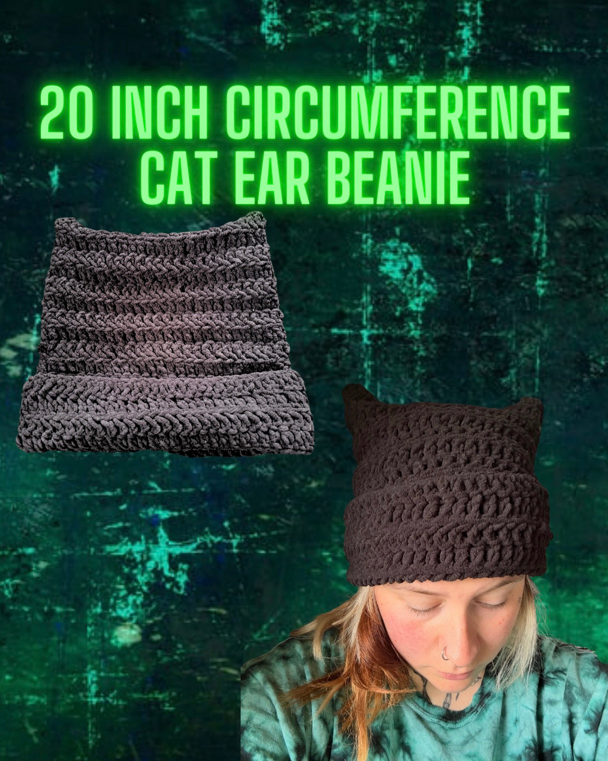 Black Cat Ear Beanie 20in Circumference READY TO SHIP