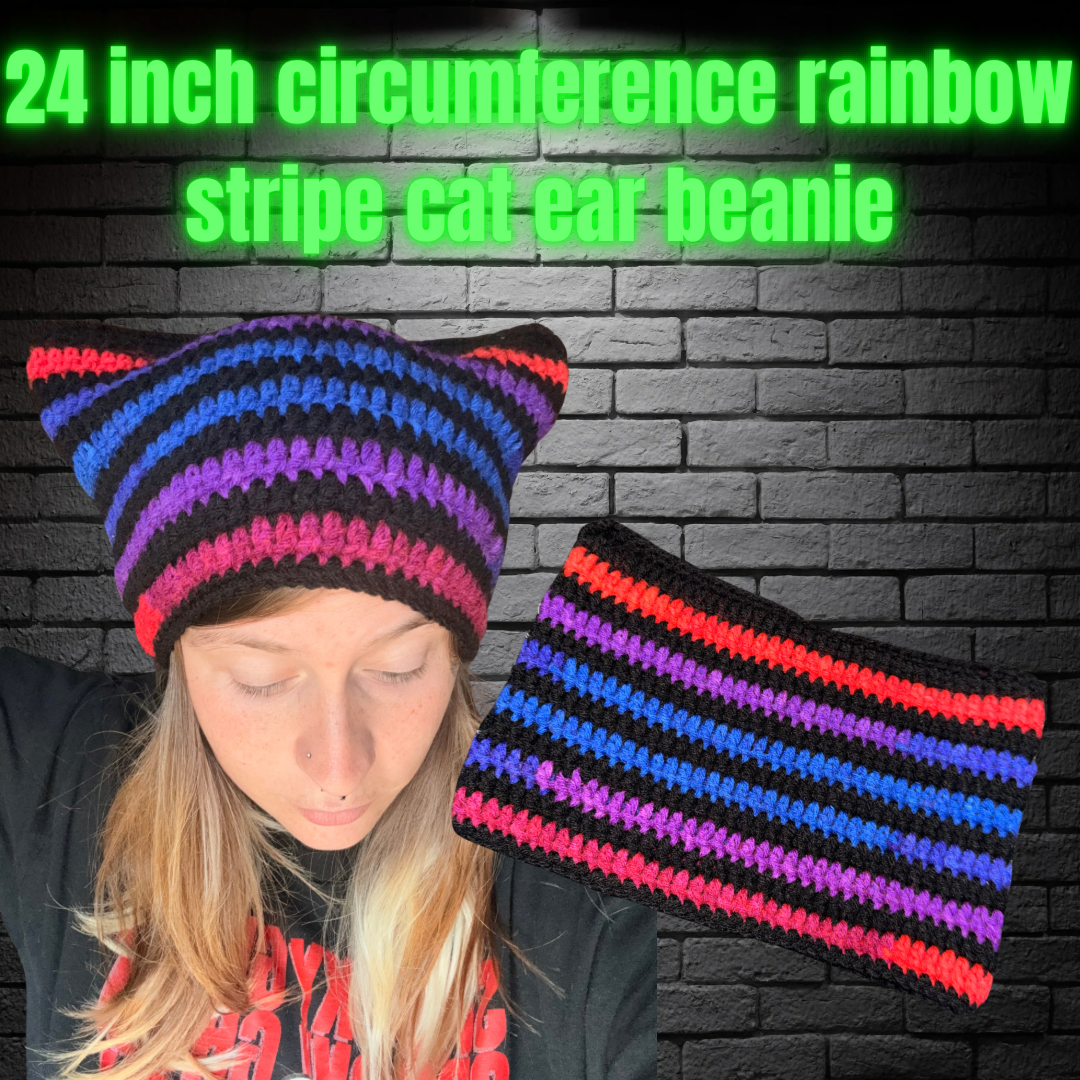 Rainbow Cat Ear Beanie 24in Circumference READY TO SHIP
