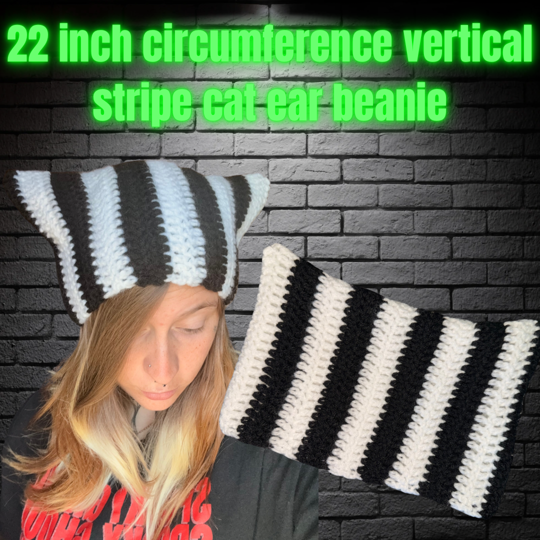 Vertical Stripe Cat Ear Beanie 22in Circumference READY TO SHIP