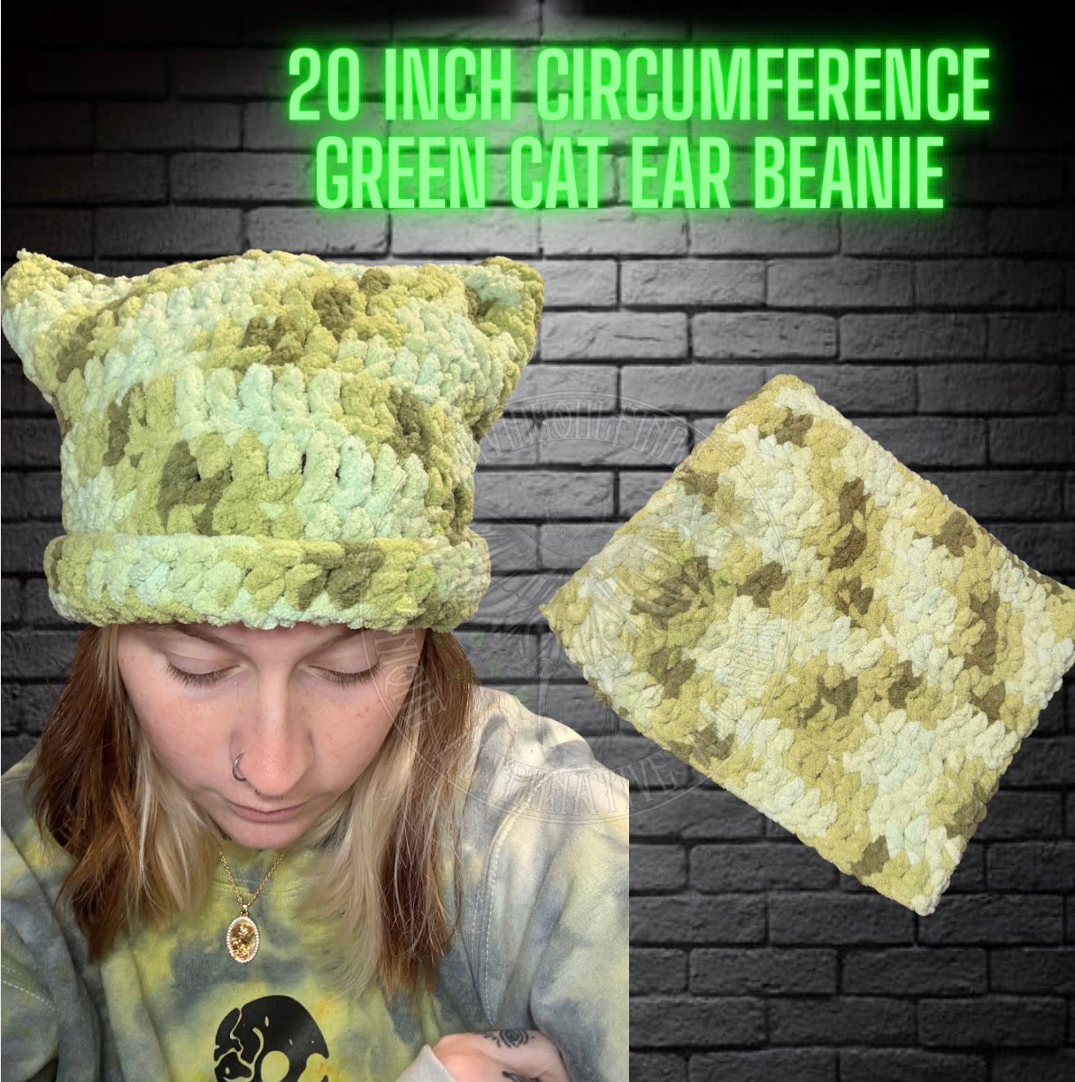 Green Cat Ear Beanie 20in Circumference READY TO SHIP