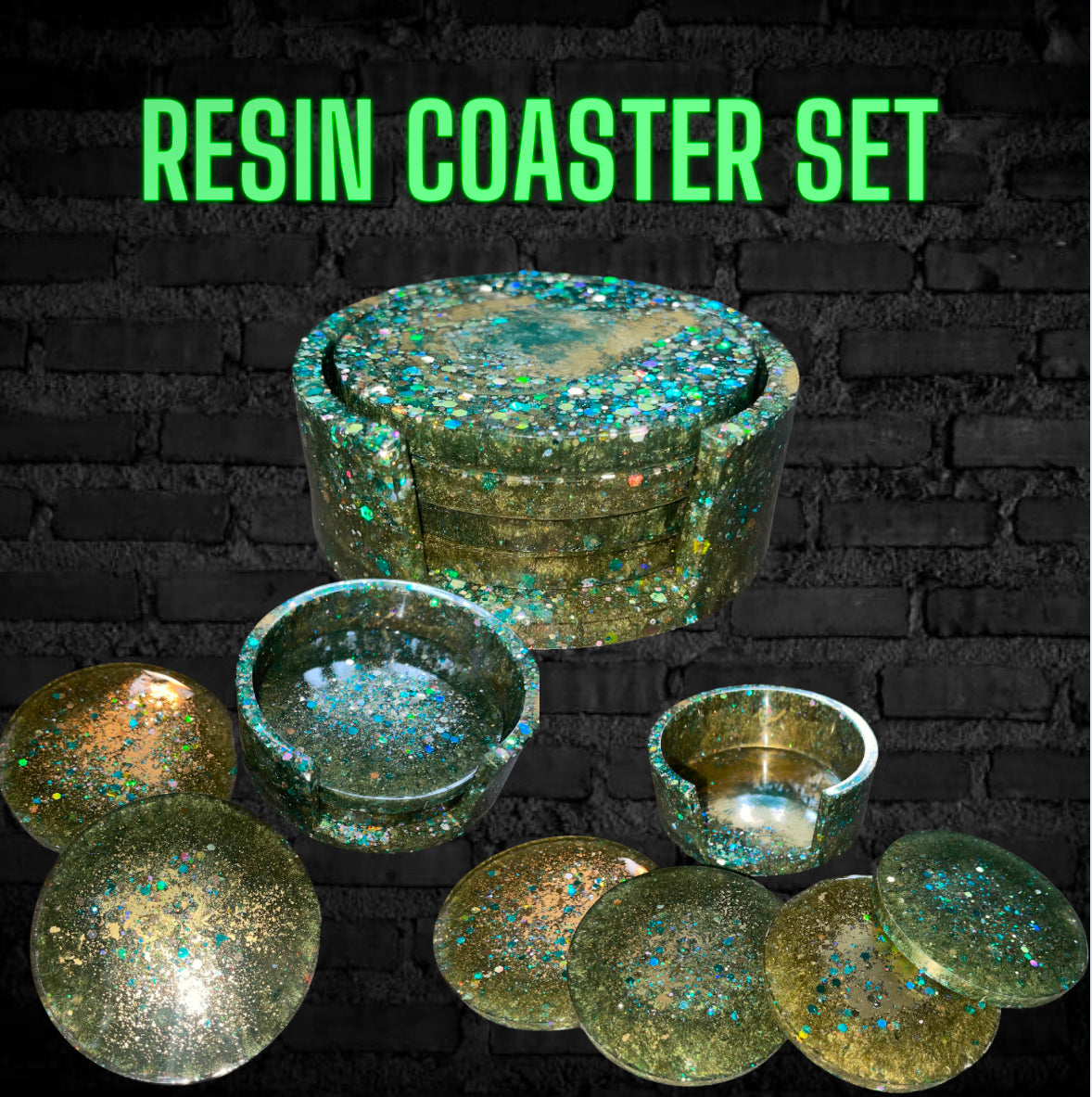Green and Gold Resin Coaster set Ready To Ship