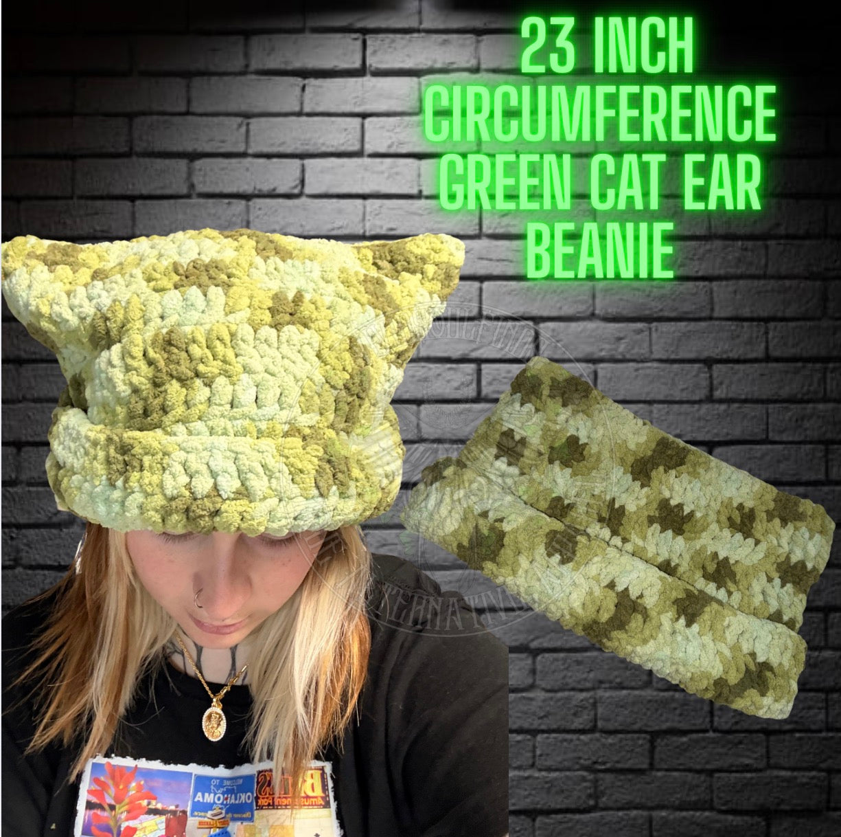 Green Cat Ear Beanie 23in Circumference READY TO SHIP