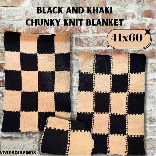41x60 Black and Khaki Checker Chunky Knit Throw READY TO SHIP