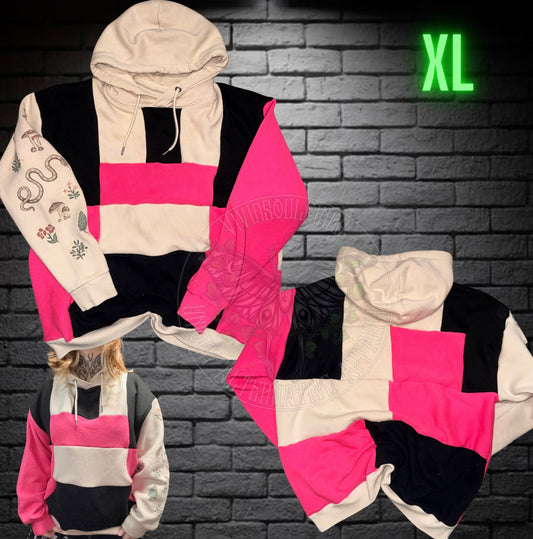 XL tan/pink/black patchwork Hoodie READY TO SHIP