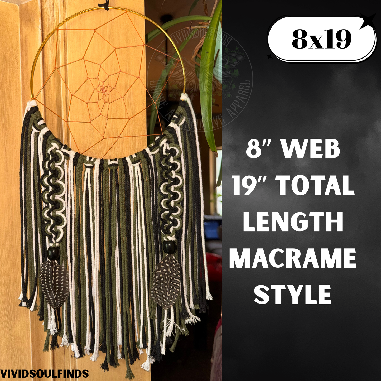 8x19 Olive green, Black, and White Dream Catcher READY TO SHIP