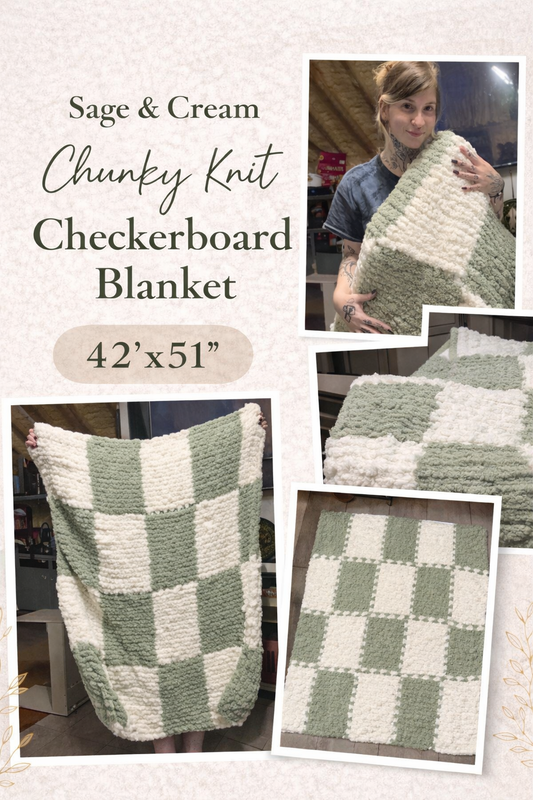 42x51 Sage and Cream Checkerboard Knit Throw READY TO SHIP