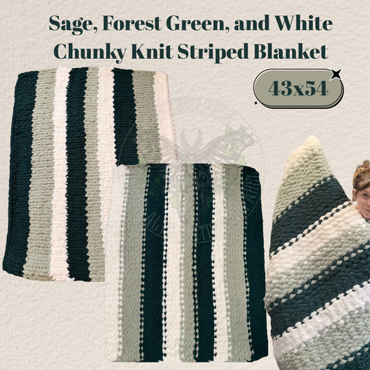 43x54 Sage,Forest Green, and White Striped Knit Throw READY TO SHIP