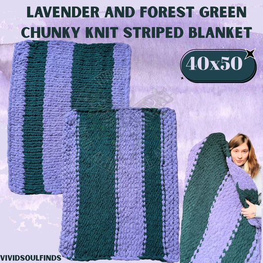 40x50 Lavender and Forest Green Striped Knit Throw READY TO SHIP