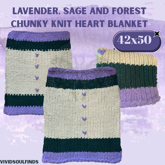 42x50 Lavender,Sage and Forest Green Knit Heart Throw READY TO SHIP