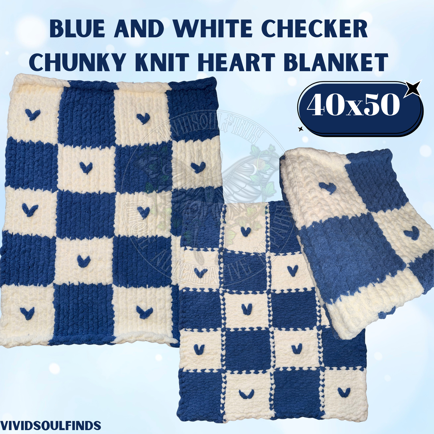 40x50 Blue and White Checker Chunky Knit Heart Throw READY TO SHIP