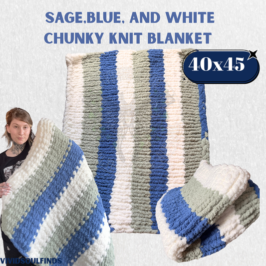 40x45 Sage, Blue and White Striped Knit Blanket READY TO SHIP